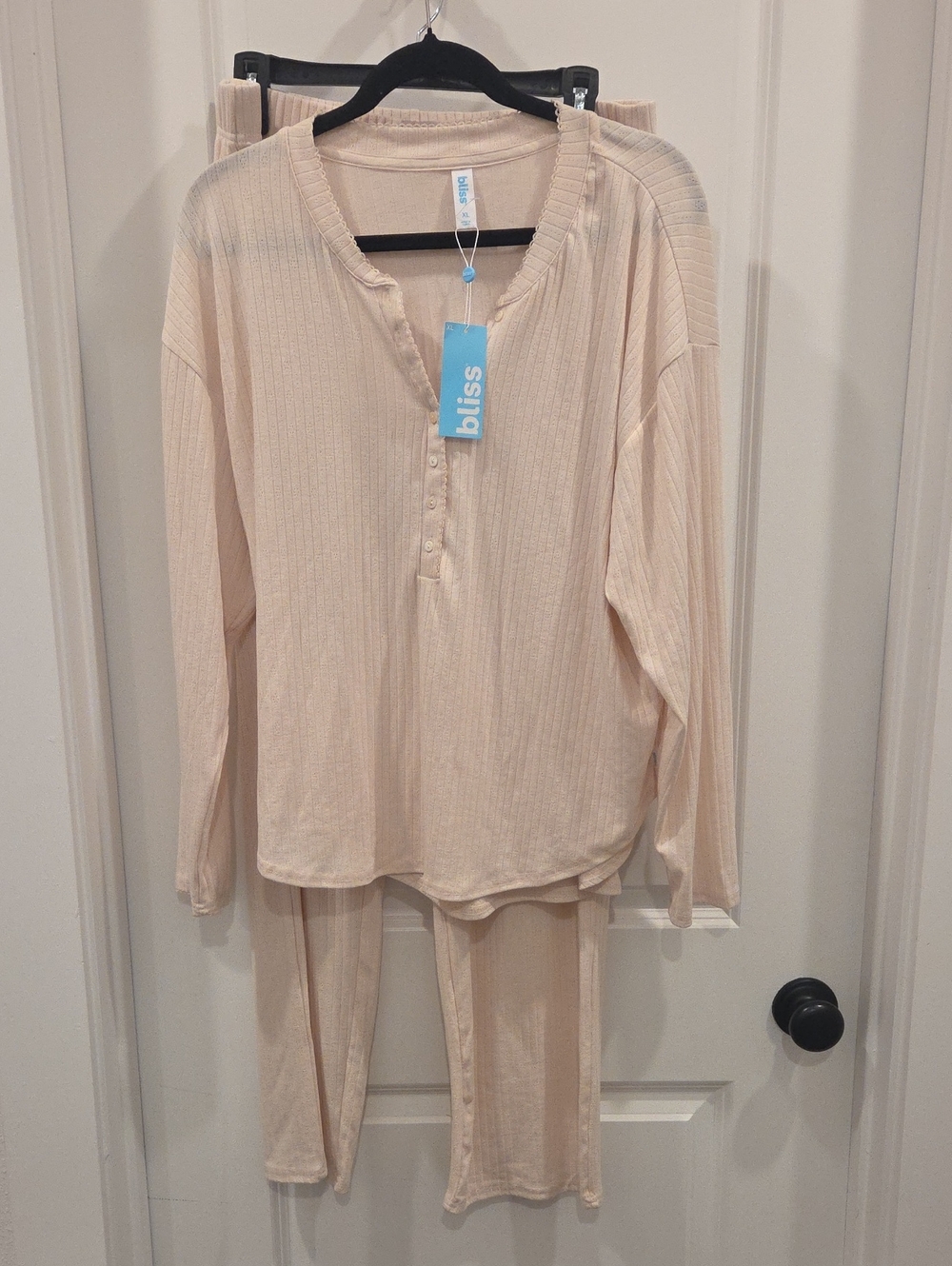 Bliss Ribbed Long-Sleeve Henley Pajama Set in Light Cream